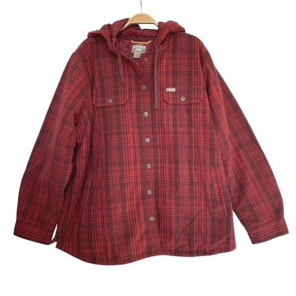 Ariat Rebar Flannel Hooded Shacket Shirt Jacket Women XL Rosewood Plaid NWT - Picture 3 of 14